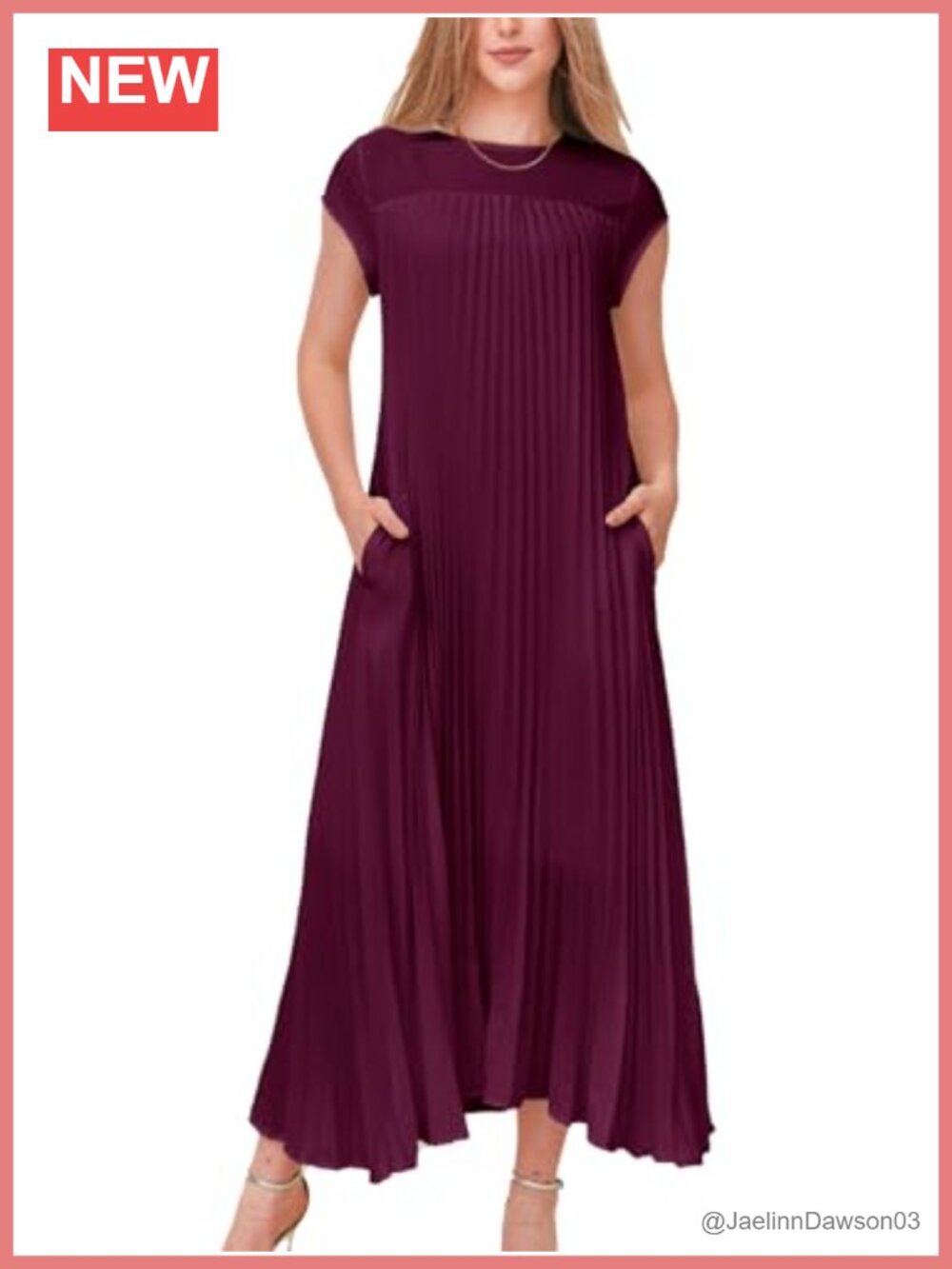Women Summer Pleated Maxi Dress Short Sleeve Crewneck Flowy Swing Long Dress